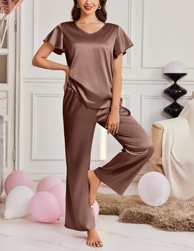Image of Ekouaer Women's Satin Silky Pajama Set 2 Piece Short Sleeve Shirt with Long Pants Pjs Sets Soft PJ Loungewear S-XXL
