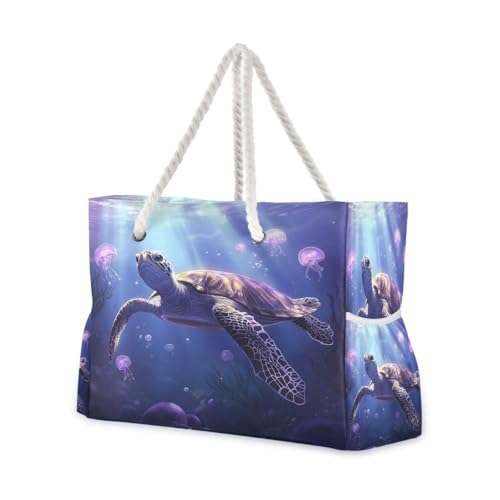 Large Beach Bags Totes Canvas Tote Shoulder Bag Jellyfish Sea Turtles Water Resistant Bags for Gym Travel Daily