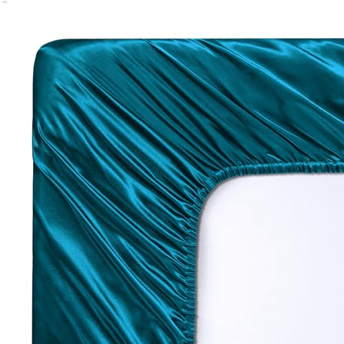 SiinvdaBZX 3-Piece Set Satin Queen Fitted Sheet & 2 Pillowcase, Dark Teal Silky Soft Fitted Bottom Sheet, Wrinkle Free, Fade Resistant, Deep Pocket Bed Sheet (Deep Up to 15") by SiinvdaBZX - Image 6