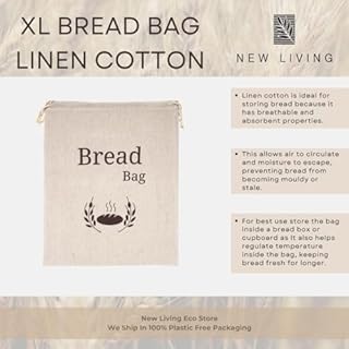 New Living Organic Linen Bread Bag Extra Large | 1 x Reusable Bread Bags | Food Storage Bag | Bread Storage Bags | 44x35 cm | Eco Bread Bag