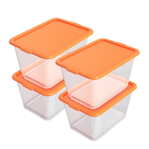 Image of SIMPLYKLEEN Storage Totes with Lids - Made in USA 14.5-Gallon (58-Quart) 4-Pack Orange Storage Bins with Lids Plastic Storage Containers Large Storage Boxes for Organizer Orange /Clear
