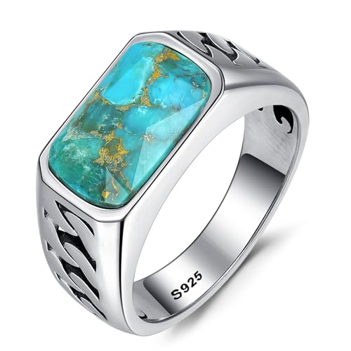 5ct 925 Sterling Silver Mens Cuban Link Ring Handmade Ring Rectangle-Cut Mens Teal Turquoise/Synthetic Black Onyx Rings Anillos de Hombre for Birthday Jewelry Gift Band Width 4.8mm Size 8-12