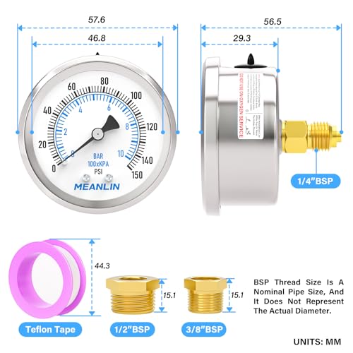 MEANLIN MEASURE 0~10BAR/150PSI Trockenes Manometer Edelstahl 1/4BSP 2FACE DIAL Wasserdicht für Brunnen Pumpe Wasser Reifen Wasserdruck Tester Back Mount, mit 1/2BSP und 3/8BSP Hex Bushing