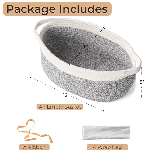 Image of Small Woven Gift Basket Empty with Bag & Ribbon - Gifts for Mom, Baby Shower, Birthdays & Raffle - Cotton Rope Storage Basket for Dog Toys or Shelf - 12 inchx8 inchx5 inch, White & Gray