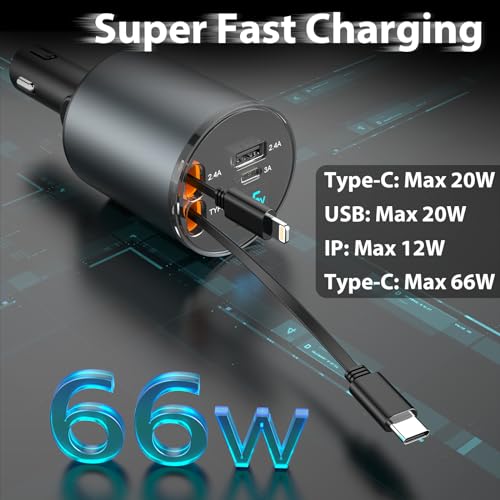 Multi Retractable Car Charger, 4 in 1 Car Fast Charger 100W Retractable Cables (2.6FT) iPhone+Type C and 2 Charging Ports Compatible with iPhone 15/14/13/12/Pro Max, Samsung Galaxy S23/S22/S20, Google