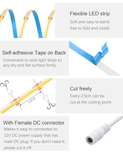 Image of ALITOVE 12V COB LED Strip Lights Warm White 3000K Uniform Glow LED Tape Light 10ft 960 LEDs High Density 320leds /M CRI90 Flexible LED Light Strip for Bedroom Home Cabinet Indoor Decoration