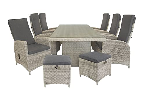 Villa Hauswerk - Dining Lounge Rho XXL - Grau, Polyrattan, für 6 Personen, Sicherheitsglas, Wetterfest, Gartenmöbel-Set, 9 teilig mit 6 Sesseln, 2 Hockern und 1x Tisch mit Sicherheitsglasplatte Cover