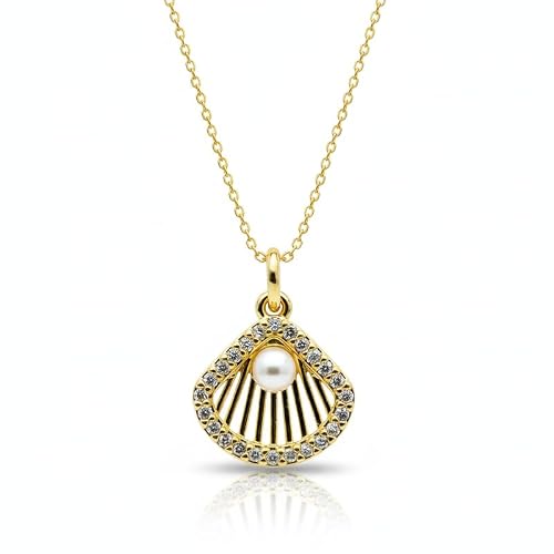 925 sterling silver scallop shell pendant necklace gold plated with fresh water pearl stone fancy charm 14x13mm with 18 inch cable chain handmade jewelry |WW_SCA_0118
