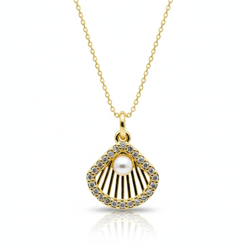 Collier coquille Saint-Jacques argent 925 plaqué or perle d'eau douce 45cm