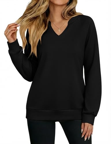 Aottori Sweat Femme sans Capuche Coton Pull Manches Longue Col en V Sweat-Shirt Mode Tunique Couleur Unie Décontracté Printemps Automne Noir XXL