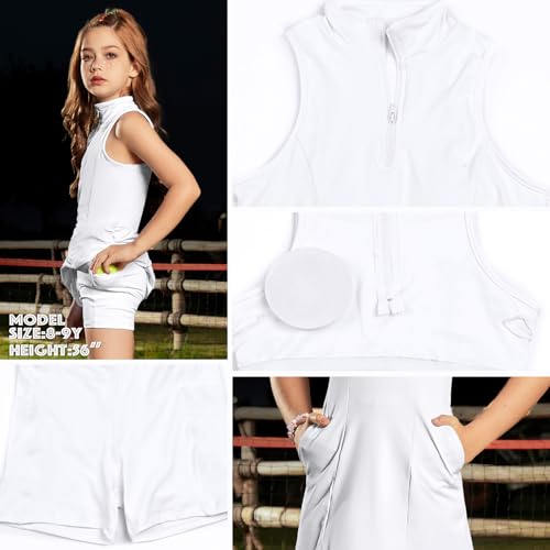 Image of Perfashion Girls Tennis Dress 1 /4 Zip Golf Outfit Built-in Bra & Shorts Pickleball Athletic Dress Workout Pockets 4-13Y