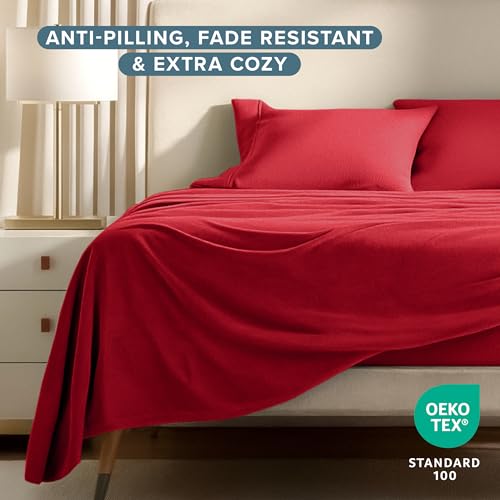 Image of Bare Home Super Soft Fleece Sheet Set (Split King, Red) | Extra Plush Polar Fleece, No-Pilling Bed Sheets, All-Season, Cozy Warmth, Deep Pockets 6 to 15 Inches