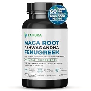 LaPura Ashwagandha 5000mg Maca Root 2000mg Fenugreek 3000mg Supplement with Tongkat Ali Ginseng and Horny Goat Weed-Promotes Stress Relief, Enhances Mood&Supports Health -USA Made- 60 Capsules