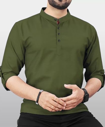 Image of DEEMOON Men's Regular Fit Solid Sprad Collar Casual Shirt with a Trendy Mandarin Collar Crafted from a Premium Cotton Blend
