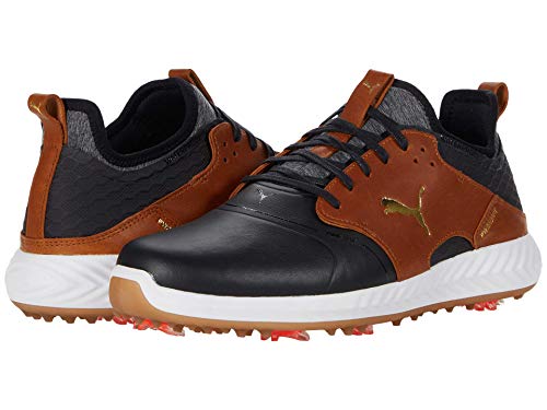 Image of PUMA Men's Ignite Pwradapt Caged Crafted Golf Shoe, PUMA Black-Leather Brown-PUMA Team Gold, 7