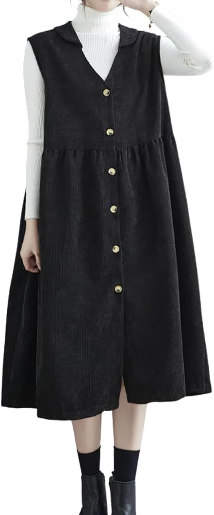 chouyatou Women Button Down Sleeveless Corduroy Overall Dress Jumper Midi Babydoll Tank Dress with Pocket