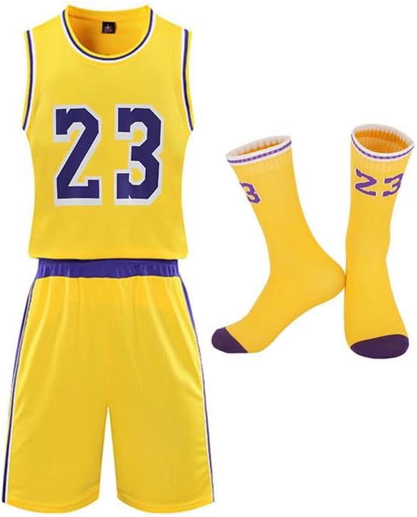 3PCS Boys Basketball Jerseys Athletic Tank Top Shorts Socks Sets Gift for Kids Girls Fans Teens Youth Training Uniforms (XX-Large, Yellow 23B)