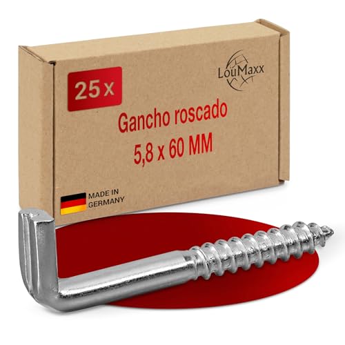 LouMaxx Ganchos de rosca de 5,8x60 mm – Juego de 25 tornillos angulares – Ganchos para estantes con capacidad de carga de hasta 50 kg – Tornillos de gancho galvanizados - Ganchos de pared robustos