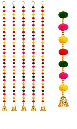 Image of Bindian Pom Pom Beads & Golden Bell Toran for Main Door, Pack of 5 Door Hanging Decorative Items, Home Decor Wall Hanging Decoration, Pooja Room Decor, Festival Decoration