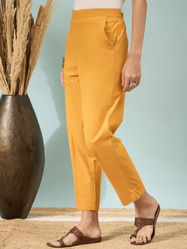Image of D K W Women's Mid Rise Relaxed Fit Cotton Flex Trousers with Elastic Back & Drawstring - Ideal for Winter, Formal, Office & Casual Wear, Comfortable for Girls and Women