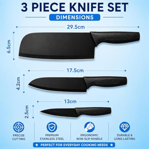 Image of 3-Piece Kitchen Knife Set, High Carbon Stainless Steel, Non-Slip Handle, with Blade Cover, for Professional Use