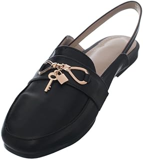 Leather flat round toe classy slingbacks with a thin simple chain