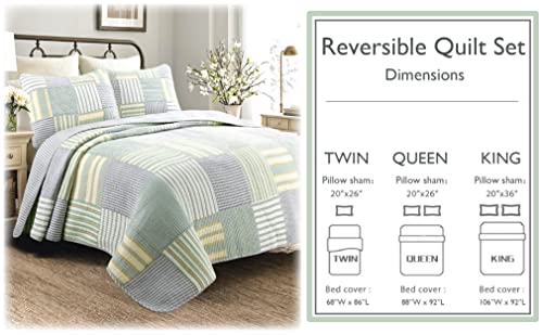 Cozy Line Home Fashions Green Yellow Blue Plaid Striped Real Patchwork 100% Cotton, Reversible Coverlet, Bedspread, Quilt Bedding Set (Green Patchwork, King - 3 Piece) #TOP6