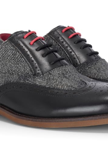 Men's Black Leather Tweed Brogue Shoes - Albert4