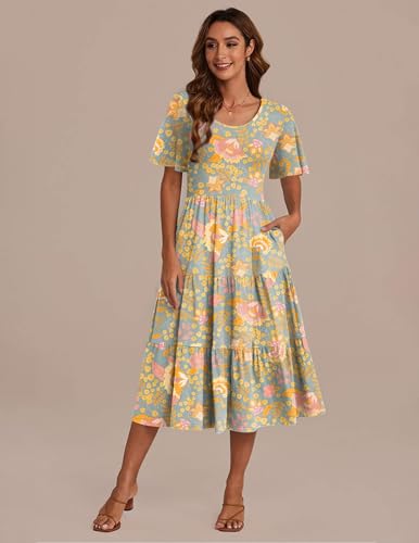 Image of Zeagoo Women's Summer Dress Midi Floral Flutter Short Sleeve Casual Dresses with Pockets Tiered Flowy Boho Beach Dress