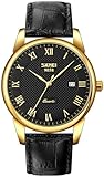 Mens Quartz Watch Roman Numeral Business Casual Fashion Analog Wrist Watch Classic Calendar Date Window 30M Waterproof Comfortable Leather Watches (Gold Black)