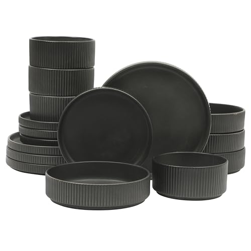 Gibson Elite Deerfield 16-Piece Stoneware Dinnerware Set – Matte Black Reactive Glaze Plates and Bowls, Stackable, Modern Design, Service for 4 – Microwave & Dishwasher Safe