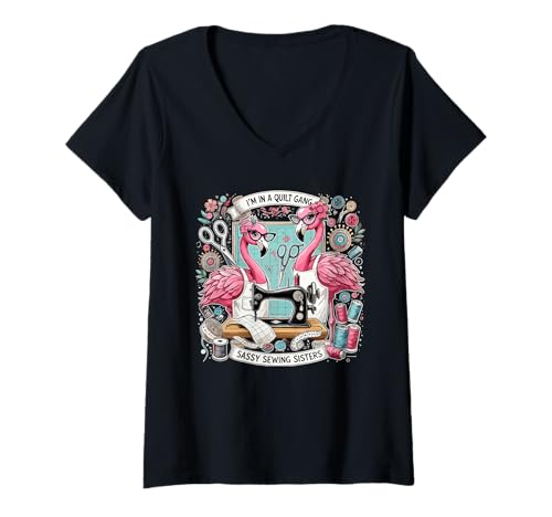 Womens I'm In Quilt Gang Sassy Sewing Sisters Crafting Lovers Crew V-Neck T-Shirt