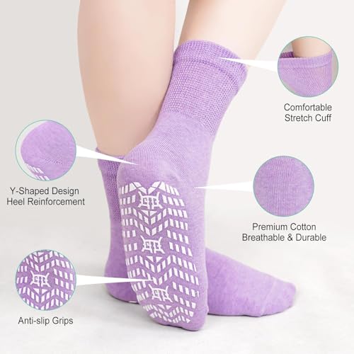 Image of CaiDieNu Non Slip Socks for Women: Non Skid Grip Socks for Elderly Hospital | Non Binding Grippy Crew Slipper Socks for Pregnant & Daily Wear, Wide Grippers Prevent Falls, Great Gifts for Seniors 5 Pairs