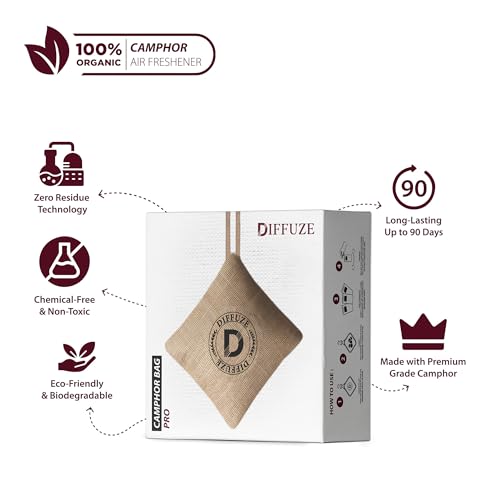 Image of DIFFUZE Camphor Bag Pro | 4-in-1 Air Freshener & Purifier for Car, Closet, Bathroom | Camphor infused with Herbs, Lavender & Sandalwood + Activated Charcoal | Luxury perfume for car and home (Beige)