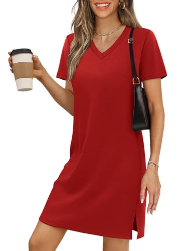 RUMIA Summer Casual Dresses for Women 2025 Vacation Dress V-Neck Short Sleeve Split Hem Beach Sundress Red L