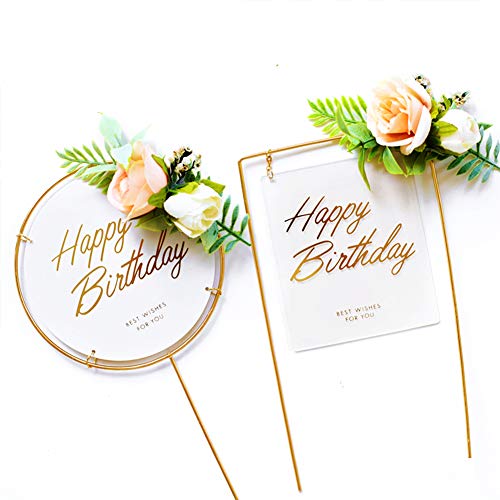 Gold Square Happy Birthday Cake Topper, Metal And Acrylic Cake Decoration With Pink Artificial Flower Cluster, Birthday Party Supplies For Girls And Women #TOP5