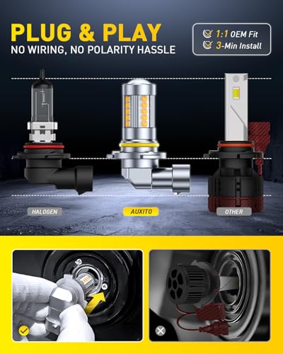 Image of AUXITO 9006 /HB4 Yellow LED Fog Light Bulbs, 13000LM 3000K Amber, 1:1 Mini Size Plug & Play, 27 CSP Chips 360 Illumination, IP68 Waterproof, Pack of 2