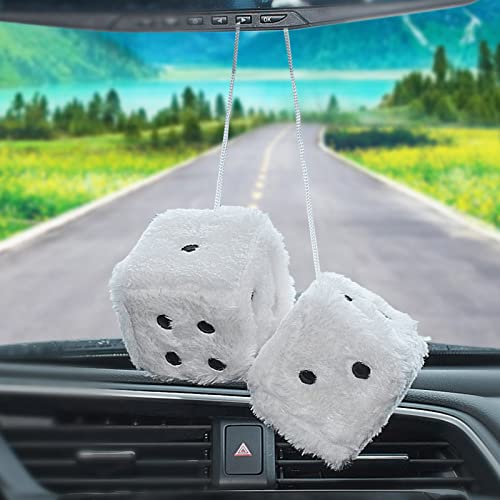 Image of 2.95'' Retro Fuzzy Plush Dice Car Charm Square Plush Dice Car Rear View Mirror Hanging Ornament Car Mirror Hanging Accessories, White