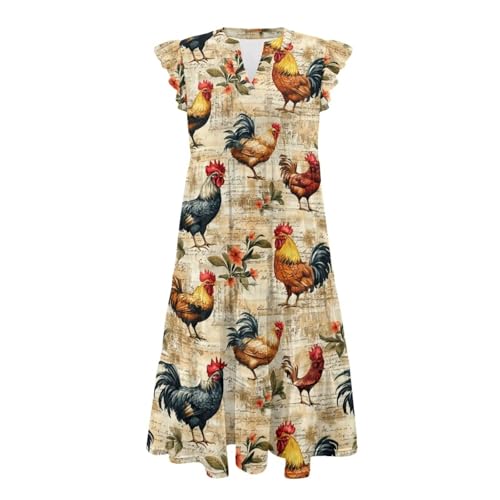 Image of Women's Casual Ruffle Sleeve Dress V Neck Pullover Dress Flowy A-Line Pleated Lightweight Dress with Pockets