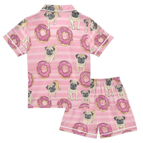 ALAZA Pug Dog Striped Donuts Pajamas Satin Pajama Set Short Sleeve Button Down Sleepwear2