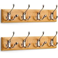 LARHN Wall-Mounted Coat Rack (2 Pack) - 4 Matt-Nickel Triple Coat Hooks for Wall on Stylish Wooden Bamboo Base – 42 cm - All Fixings Included