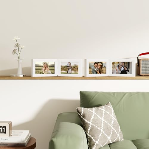 decorUhome Double 6x4 Picture Frame Horizontal, Engineered Wood Bifold Photo Frame with Plexiglass for Tabletop Display, 6x4, White