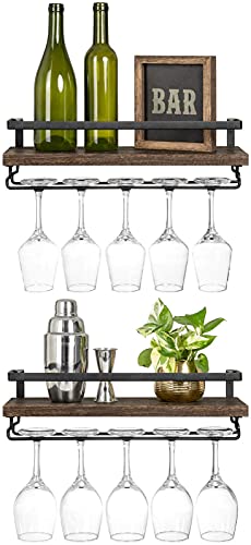 Mkono Lot de 2 casiers à vin muraux flottants en Bois Rustique pour Bouteilles de vin avec Support pour Verres à Pied, Plantes, Photo, Support de Rangement pour Cuisine, Salle à Manger, Bar, 43,2 cm