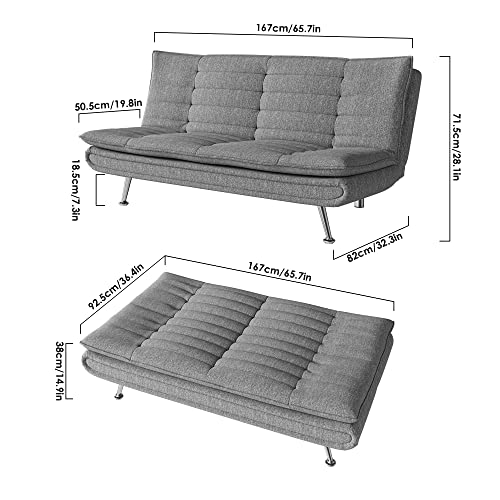 Modern Convertible Futon Sofa Bed, Folding Couch Bed Futon Couch Sofa With Metal Legs And Cotton Linen Fabric For Studio Apartment Office, Gray #TOP1
