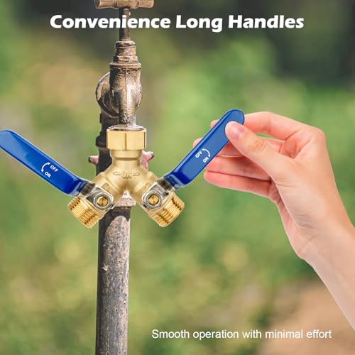 Image of SheeChung RV Hose Splitter 2 Way Heavy Duty, Garden Hose Splitter with Stainless Steel Long Handle, Brass Outdoor Faucet Y Valve Splitter, Full Flow Splitter for 3 /4 inch GHT Threads Hose Connector, Blue