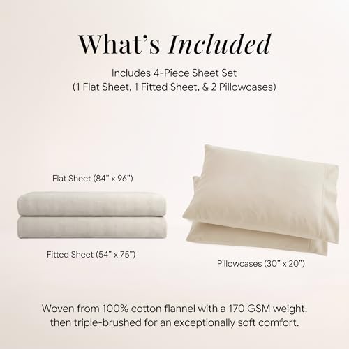 Image of Tribeca Living Triple Brushed Soft Cotton Flannel Sheets Set, Full Size 170-GSM Weight Extra Deep Pocket Sheet in Solid Ivory Color