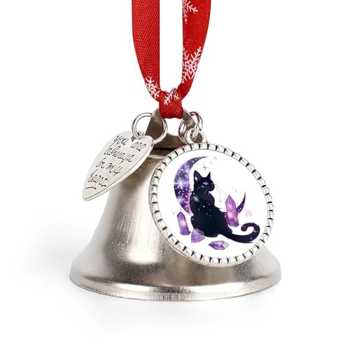 Moon Crystal Witchy Cute Black Cat Funny Christmas Bell Ornament Cute Xmas Tree Hanging Pendant Decoration for Holidays Party
