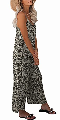 Snugwind Womens Leopard Jumpsuits Casual Sleeveless Spaghetti Strap Rompers Wide Leg Pants With Pockets Large Leopard #TOP3