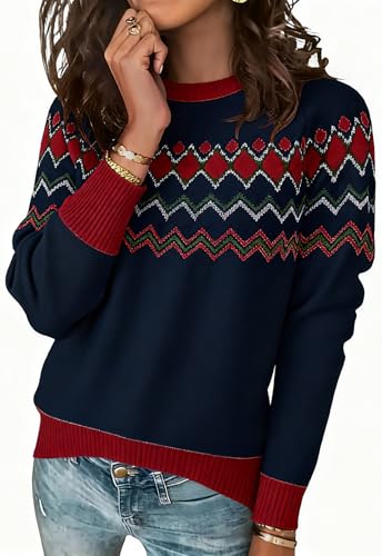 Image of ANCAPELION Women's Christmas Sweater Pullover Vintage Color Block Chunky Knit Sweater Tops