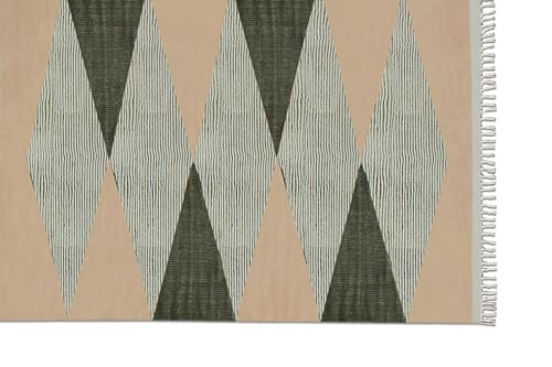 Tapis couloir géométrique coton lavable supprime saleté sol beige vert - 8